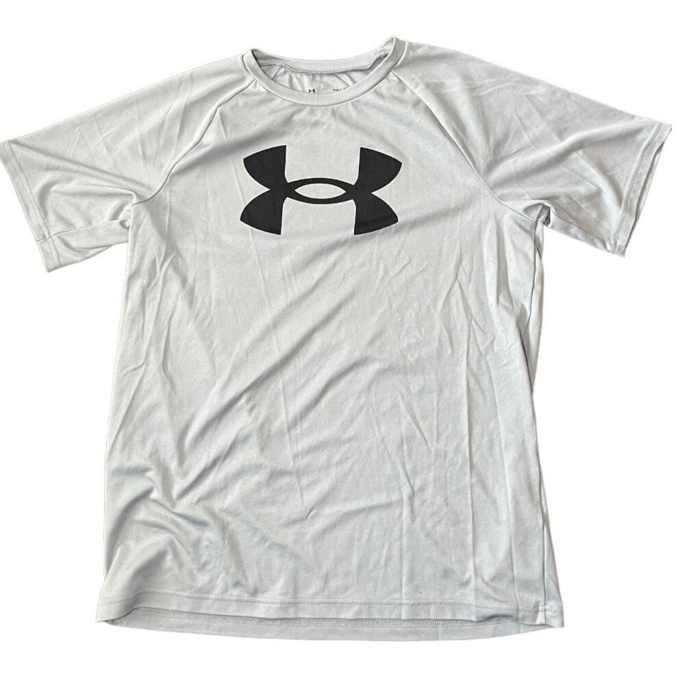 Under Armour gray black logo active shirt loose fit Heatgear youth XL